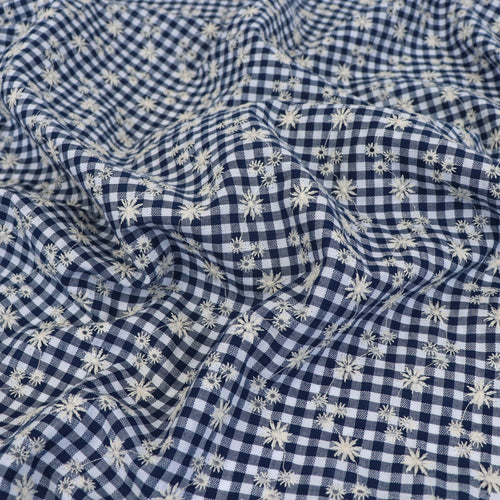 Cotton Seersucker - Gingham With Embroidered Flowers - Navy