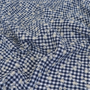 Cotton Seersucker - Gingham With Embroidered Flowers - Navy