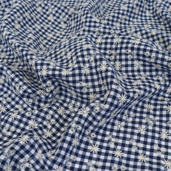 Cotton Seersucker - Gingham With Embroidered Flowers - Navy