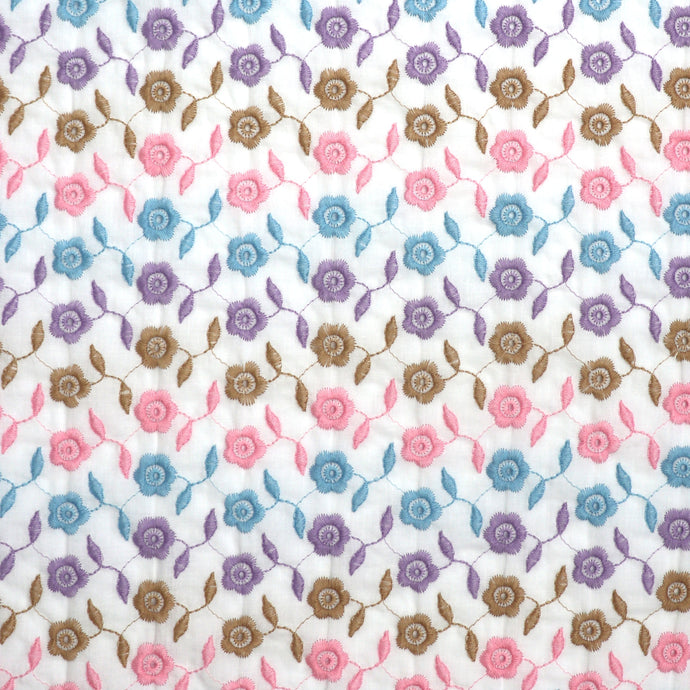 Cotton Poplin - Embroidered Pastel Flowers - END OF BOLT 146cm