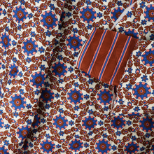Quilted Cotton Double Sided Fabric - Flowers + Stripes - Brown + Blue