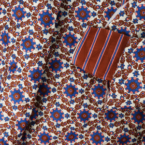 Quilted Cotton Double Sided Fabric - Flowers + Stripes - Brown + Blue