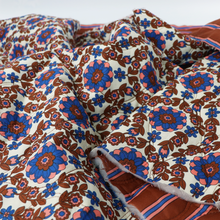 Quilted Cotton Double Sided Fabric - Flowers + Stripes - Brown + Blue