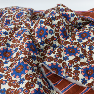 Quilted Cotton Double Sided Fabric - Flowers + Stripes - Brown + Blue