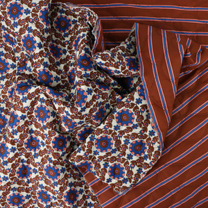 Quilted Cotton Double Sided Fabric - Flowers + Stripes - Brown + Blue
