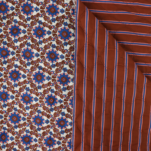 Quilted Cotton Double Sided Fabric - Flowers + Stripes - Brown + Blue