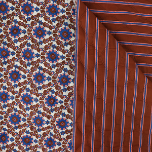 Quilted Cotton Double Sided Fabric - Flowers + Stripes - Brown + Blue