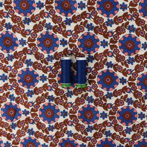 Quilted Cotton Double Sided Fabric - Flowers + Stripes - Brown + Blue