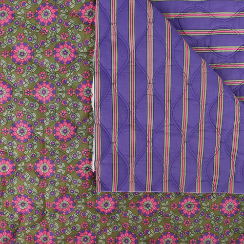 Quilted Cotton Double Sided Fabric - Flowers + Stripes - Green + Purple
