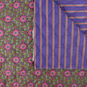 Quilted Cotton Double Sided Fabric - Flowers + Stripes - Green + Purple