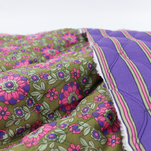 Quilted Cotton Double Sided Fabric - Flowers + Stripes - Green + Purple