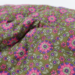 Quilted Cotton Double Sided Fabric - Flowers + Stripes - Green + Purple