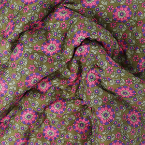 Quilted Cotton Double Sided Fabric - Flowers + Stripes - Green + Purple