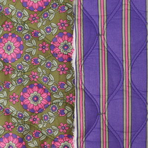Quilted Cotton Double Sided Fabric - Flowers + Stripes - Green + Purple