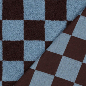 Teddy Sherpa Fleece Coating  - Checkerboard - Steel Blue + Maroon