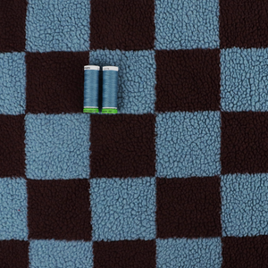Teddy Sherpa Fleece Coating  - Checkerboard - Steel Blue + Maroon