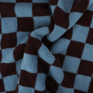 Teddy Sherpa Fleece Coating  - Checkerboard - Steel Blue + Maroon