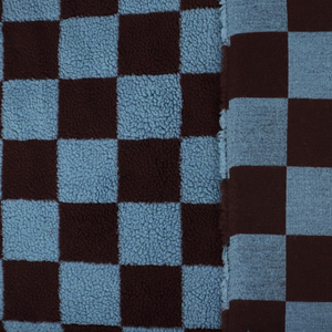 Teddy Sherpa Fleece Coating  - Checkerboard - Steel Blue + Maroon