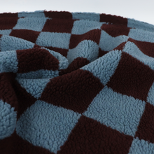 Teddy Sherpa Fleece Coating  - Checkerboard - Steel Blue + Maroon