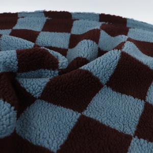 Teddy Sherpa Fleece Coating  - Checkerboard - Steel Blue + Maroon