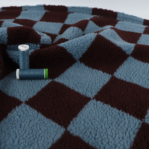Teddy Sherpa Fleece Coating  - Checkerboard - Steel Blue + Maroon