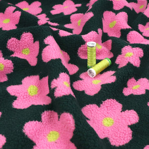 Teddy Sherpa Fleece Coating  - Flower Power - Green + Pink