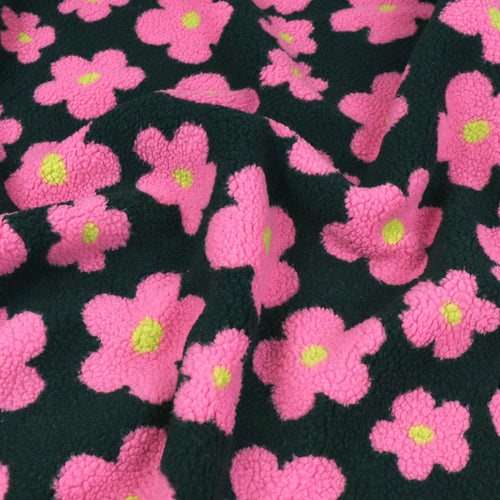 Teddy Sherpa Fleece Coating  - Flower Power - Green + Pink
