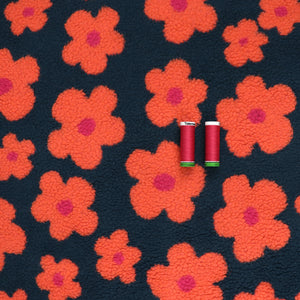 Teddy Sherpa Fleece Coating  - Flower Power - Petrol Blue + Orange