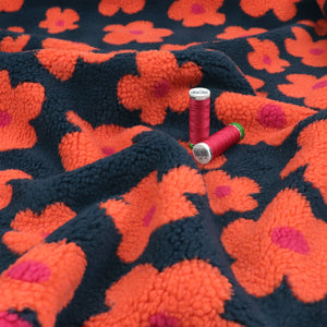 Teddy Sherpa Fleece Coating  - Flower Power - Petrol Blue + Orange
