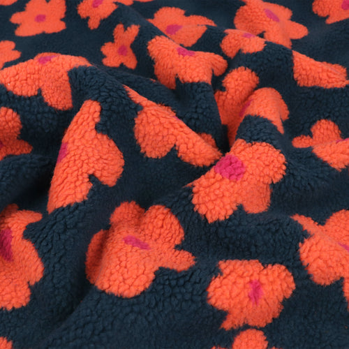 Teddy Sherpa Fleece Coating  - Flower Power - Petrol Blue + Orange