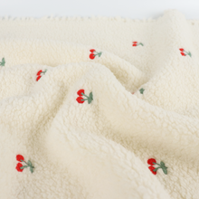 Teddy Sherpa Fleece Coating  - Embroidered Cherries