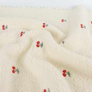 Teddy Sherpa Fleece Coating  - Embroidered Cherries