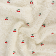 Teddy Sherpa Fleece Coating  - Embroidered Cherries