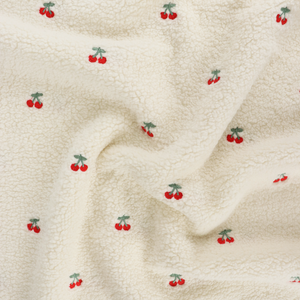 Teddy Sherpa Fleece Coating  - Embroidered Cherries