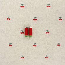 Teddy Sherpa Fleece Coating  - Embroidered Cherries