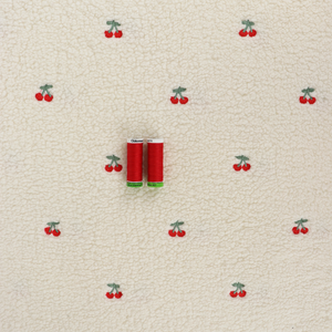 Teddy Sherpa Fleece Coating  - Embroidered Cherries