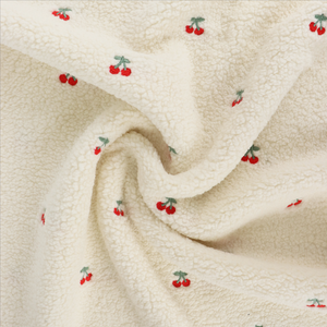 Teddy Sherpa Fleece Coating  - Embroidered Cherries