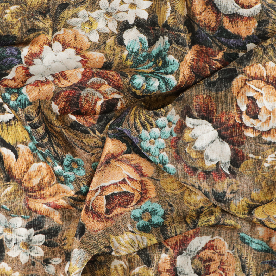 Viscose Satin - Floral Tapestry - Brown