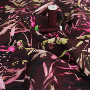 Viscose Satin Twill - Watercolour Botanicals - Burgundy