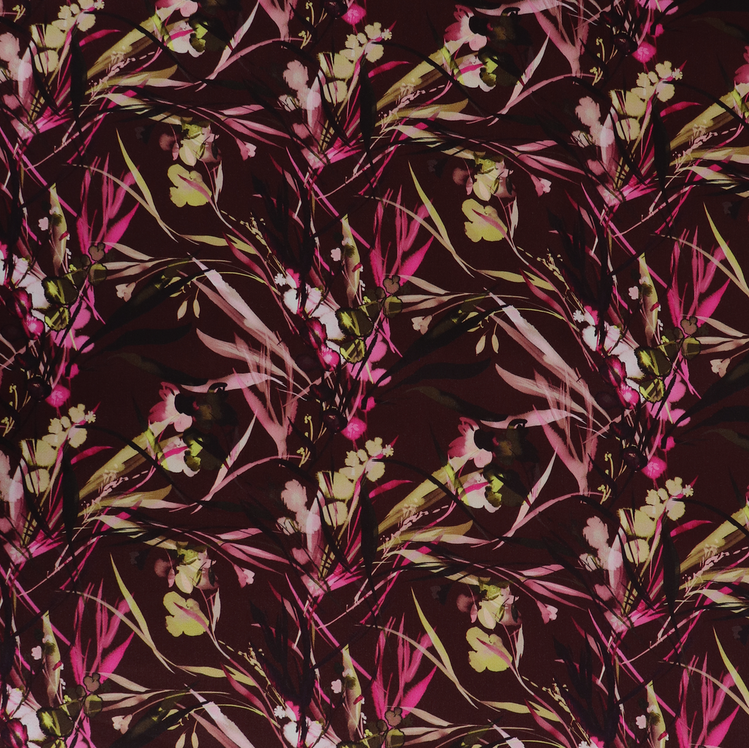 Viscose Satin Twill - Watercolour Botanicals - Burgundy