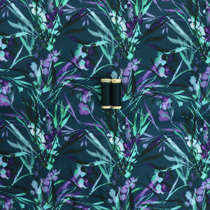 Viscose Satin Twill - Watercolour Botanicals - Petrol