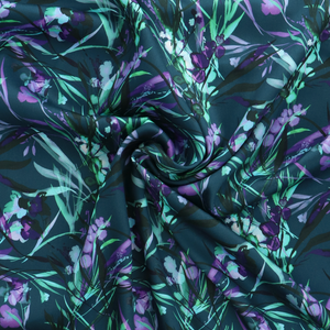 Viscose Satin Twill - Watercolour Botanicals - Petrol