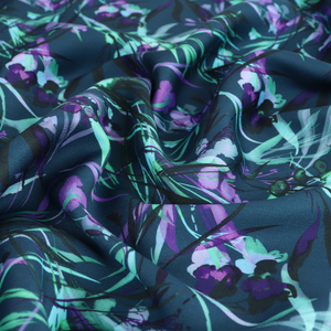 Viscose Satin Twill - Watercolour Botanicals - Petrol
