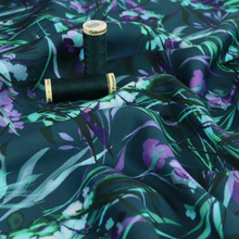 Viscose Satin Twill - Watercolour Botanicals - Petrol