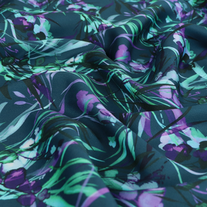 Viscose Satin Twill - Watercolour Botanicals - Petrol