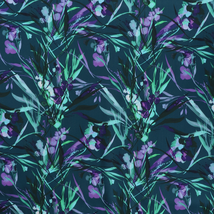 Viscose Satin Twill - Watercolour Botanicals - Petrol