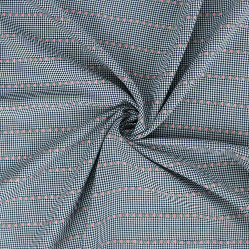 Yarn Dyed Cotton - Blue Gingham With Pink Flower Ribbon
