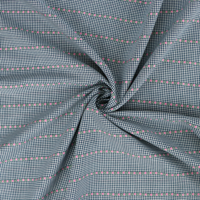 Yarn Dyed Cotton - Blue Gingham With Pink Flower Ribbon