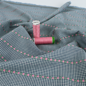 Yarn Dyed Cotton - Blue Gingham With Pink Flower Ribbon