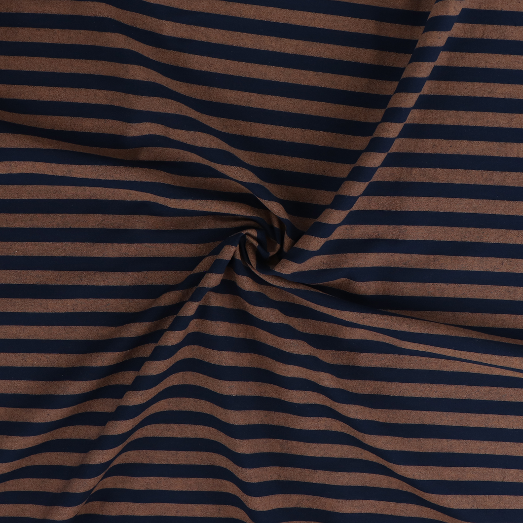 Yarn Dyed Washed Cotton - Stripe - Light Brown + Navy Blue